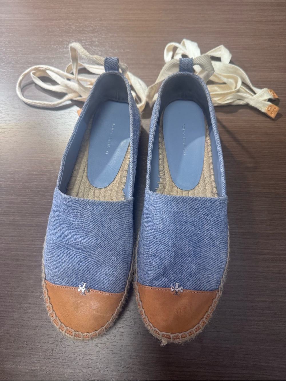 Tory Burch Blue Denim Espadrille Flats with Tan Leather Toe
